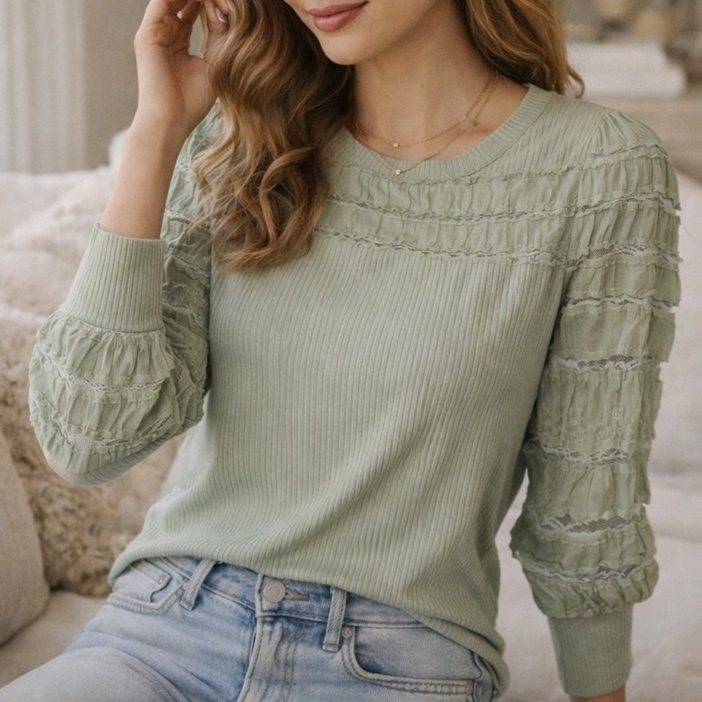 Cato Womens Size M Sage Green Ribbed Lace Ruffle Sleeve Romantic Boho Top